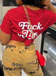SHEIN Plus Size Alphabet Print Short Sleeve T-Shirt For Summer Graphic Tees Women Tops