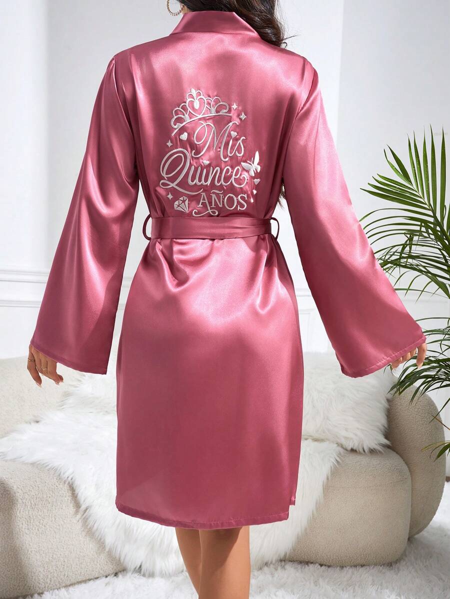 Elegante bata con cinturón de mujer de cuello en V de manga larga con bordado de corona, otoño, invierno - Morado - Ver 1