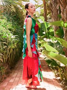 BELANGE HANDMADE Designer Elegant Boho Bohemian Summer Casual Floral Flower Print Asymmetrical Neck Hollow Out Sundress, Holiday, Vacation, Spring, Beach, Festival, Ibiza Fits, Wedding Prom Dress, Brunch Outfits, Tea Party Dress - Multicolor - View 6
