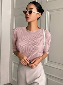 DAZY Women T-Shirts Rib-Knit Plain Casual - Dusty Pink - View 3