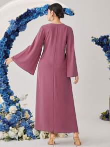 Al Najma 女式 V 领拼布蓬松喇叭袖宽松阿拉伯风格连衣裙 - 粉色 - 查看 2