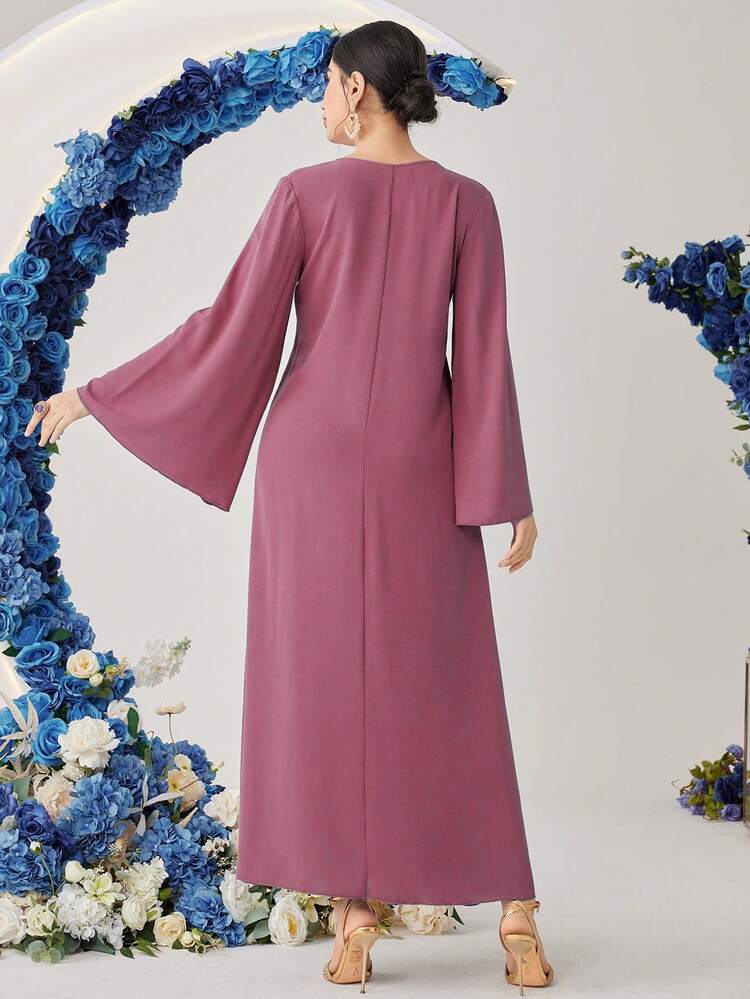 Women's V-Neck Patchwork Fluffy Flare Sleeve Loose Arabic Style Dress