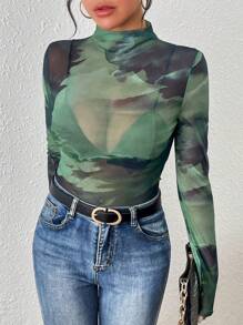 Chiquease 女性性感染色漸變漏背漏肩漏胸高領透視上衣