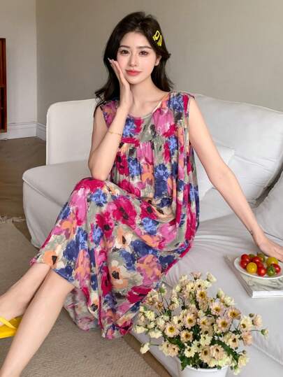 DAZY 女士夏季花卉印花圆领无袖睡袍睡衣，Moo Moo 睡裙