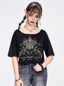 ROMWE Fairycore Women's Loose Cropped Snow Wash T-Shirt With Vintage Lily, Thorn And Rhinestone Embellishments