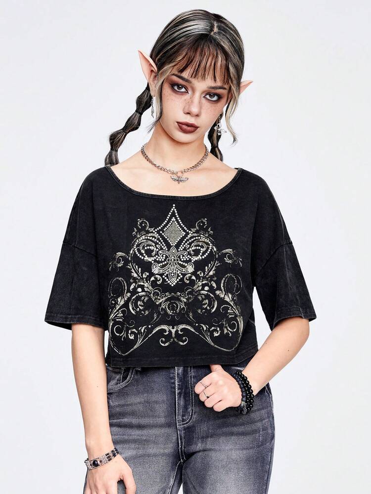 Women's Loose Cropped Snow Wash T-Shirt With Vintage Lily, Thorn And Rhinestone Embellishments