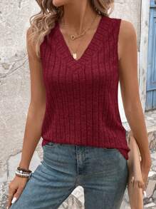 SHEIN LUNE Women Solid Color Rib-Knit V-Neck Tank Top
