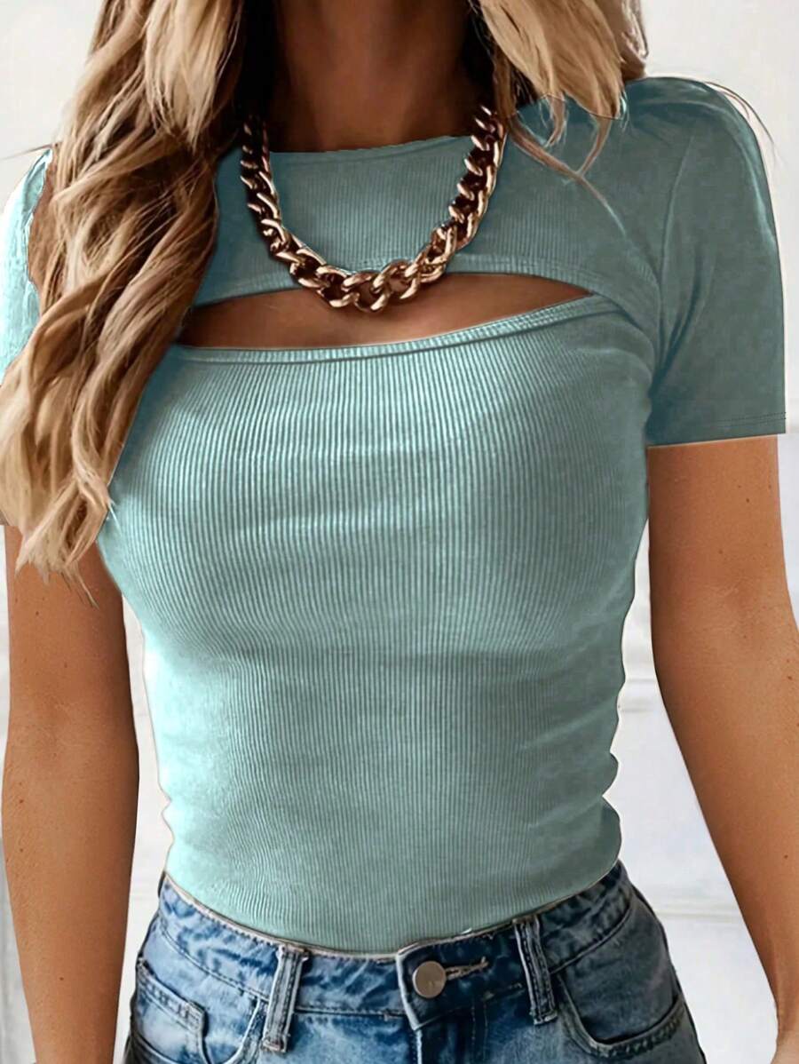 INAWLY 女士夏季實色空心修身短袖T恤 - 藍色 - 查看 1