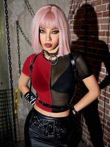 ROMWE PUNK 女士夏季拼色网眼面板圆领短袖短款修身 T 恤，学校 - 彩色 - 查看 4