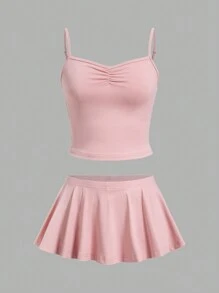 SHEIN EZwear Ladies' Solid Color Pleated Cami Top And Skort Set