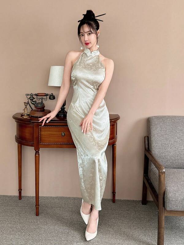EastFlair New Chinese Style Stand Collar Jacquard Satin Sleeveless Stand Collar Cheongsam Dress