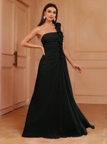 SHEIN Belle 不对称领口荷叶边 A 字型无袖伴娘礼服（成人）女士正式舞会礼服，黑色优雅舞会晚会婚礼宾客礼服，适合毕业典礼、晚宴派对礼服 - 黑色 - 查看 4