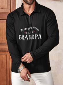 Manfinity Homme Men's Plus Size Letter Printed Half-Zip Polo Shirt With Long Sleeve - Black - View 1