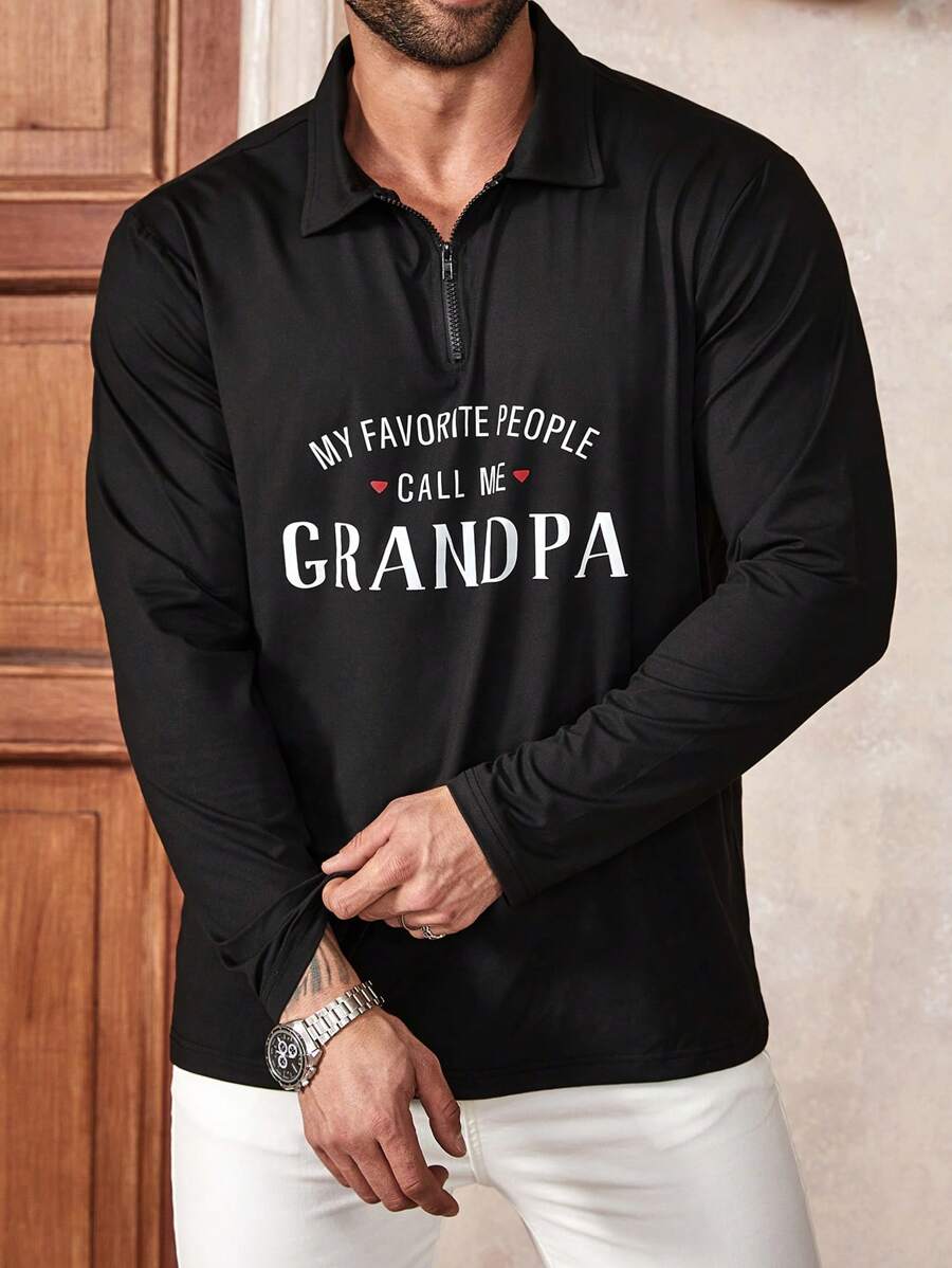Manfinity Homme Men's Plus Size Letter Printed Half-Zip Polo Shirt With Long Sleeve - Black - View 1