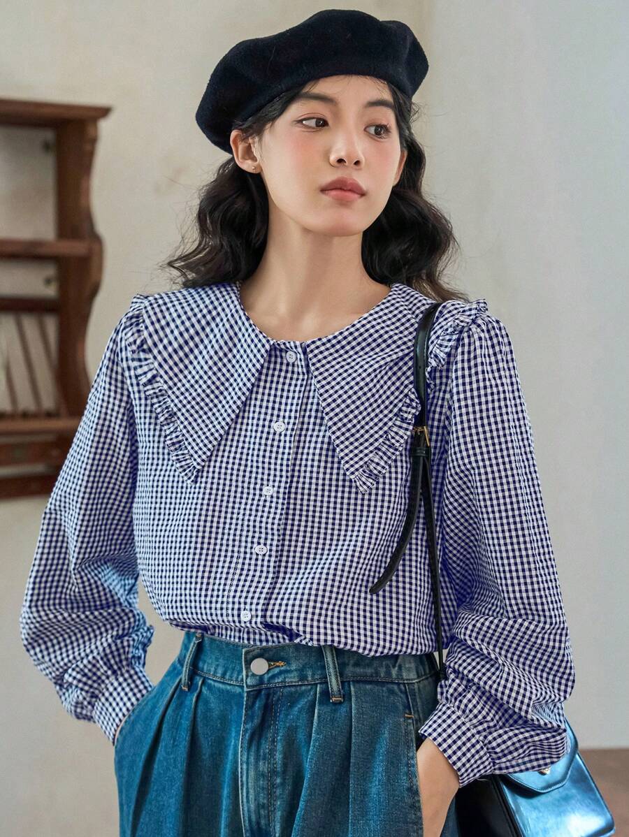 FRIFUL Áo sơ mi nữ dài tay cổ Peter Pan kẻ caro thường ngày - Màu xanh hải quân - Xem 1