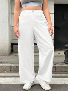 SHEIN EZwear Pantalones de traje blancos básicos de cintura alta para mujer de talla grande para el verano diario casual y ajustado con pierna recta de color sólido y larga - Blanco - Ver 1