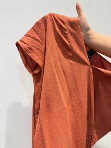 EMERY ROSE Summer Linen Comfortable Dress With Diagonal Pocket And Short Sleeves - Orange - View 6
