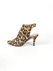 Leopard Print Women High Heels Thin Heel Deep V Laser Cut Out Sandals