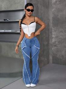SHEIN ICON 女性時尚虎斑水洗牛仔拼接喇叭牛仔褲，帶剪織邊 - 中等水洗藍 - 查看 5