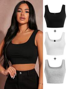 SHEIN SXY 3件套女士夏季纯色修身短款上衣，简约百搭，适合多种场合。 - 彩色 - 查看 2