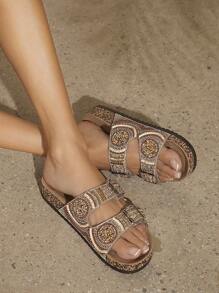 女士厚底幾何印花涼鞋，適合日常穿著和旅行 - 棕色 - 查看 3