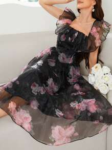 Modelyn 女士花卉印花方领叠加夏季连衣裙，优雅晚会礼服长款晚礼服 - 彩色 - 查看 5