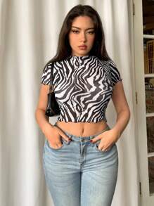 Firerie Women Stylish Zebra Pattern Perspective T-Shirt