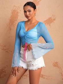 LIVINSPITE Blusa de manga larga tipo campana con estampado de malla, ropa de mujer para otoño e invierno, ideal para vacaciones