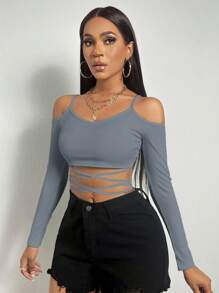 SHEIN Slayr Women's Solid Color Rib Knit Off-Shoulder Cross Straps Cropped Top - Grey - View 5
