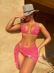Swim SXY Summer Beach Rhinestone Decor Halter Triangle Cup Bikini Separates Set, With Cover-Up Skirt - Hot Pink - View 2