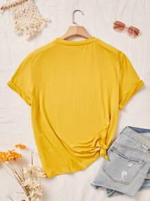 SHEIN LUNE Plus Size Summer Casual Solid Color Round Neck Short Sleeve T-Shirt - Yellow - View 2
