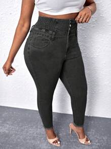 SHEIN SXY 大尺碼女性修身牛仔褲,配有鈕扣前閉合和口袋 - 灰色 - 查看 4