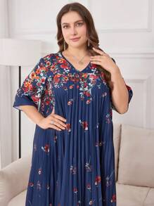 Seusyu Plus Size Women Floral Print Pleated V-Neck Loose Arab Dress - Multicolor - View 5
