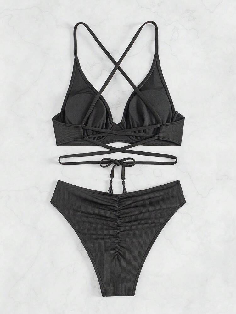 Women's Solid Color Cross Back Bikini Set Summer Beach