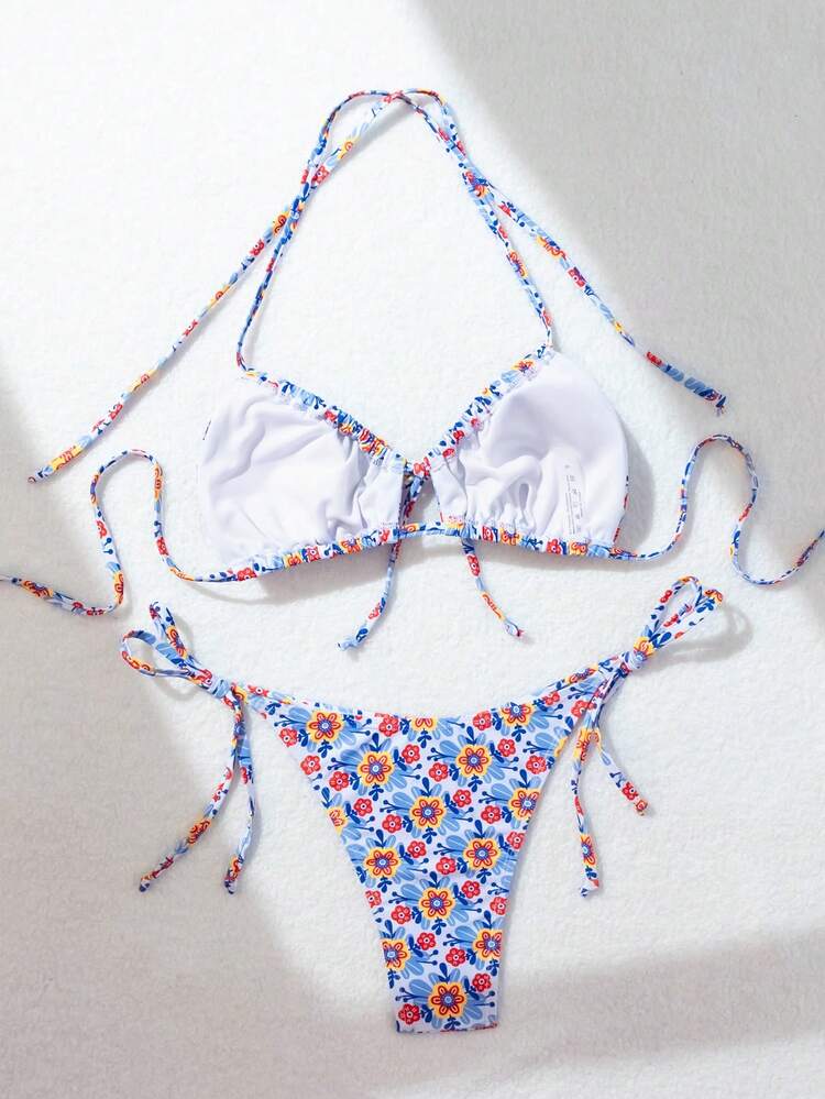 Women's Ditsy Floral Bikini Set Halter Bra & Side Ties Bikini Set Bottom Bikini Set For Summer Beach