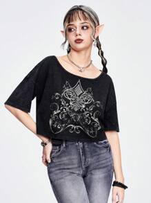ROMWE Fairycore Women's Loose Cropped Snow Wash T-Shirt With Vintage Lily, Thorn And Rhinestone Embellishments