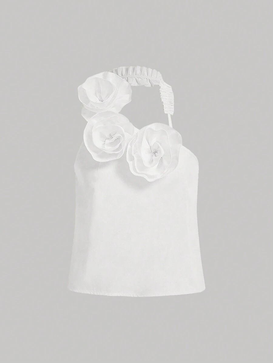 SHEIN LUNE 女士夏季純色3D花裝飾綁頸上衣 - 白色 - 查看 1