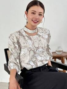 FRIFUL Women Summer Loose Blouse With All-Over Print And Hollow Out Sleeves Long Sleeve Top - Apricot - View 1