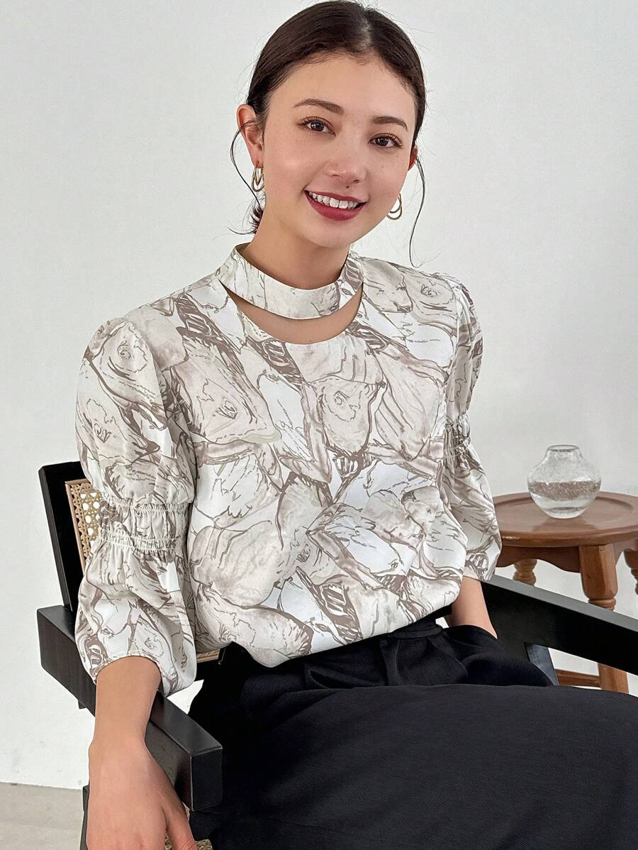 FRIFUL Women Summer Loose Blouse With All-Over Print And Hollow Out Sleeves Long Sleeve Top - Apricot - View 1