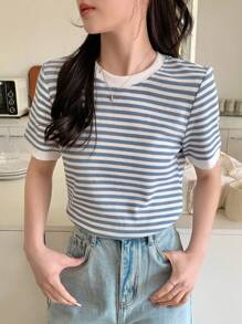 DAZY Summer Casual Striped Simple Fashion Short Sleeve T-Shirt - Blue - View 7