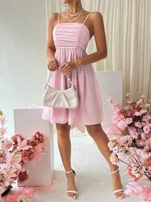 SHEIN Privé Women's Solid Color Pleated Cami Dress - Pink - View 3
