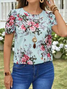 EMERY ROSE Women Round Neck Casual Flower Print Shirt,Short Sleeve Tops - Multicolor - View 4