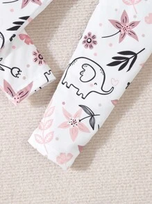 Młoda dziewczyna Prosty i uroczy Liście Koali Drukuj Krótkie rękawy i długie spodnie wokół szyi 2-częściowy obcisły zestaw piżam