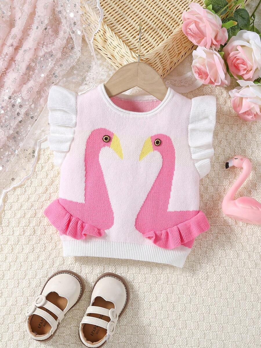 Baby Girl Spring/Summer New Cute Animal Pattern Ruffled Sweater Vest - Multicolor - View 1