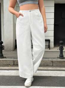 SHEIN EZwear Pantalones de traje blancos básicos de cintura alta para mujer de talla grande para el verano diario casual y ajustado con pierna recta de color sólido y larga - Blanco - Ver 3