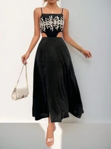 Chiquease Floral Embroidery Hollow Out Split Backless Cami Dress