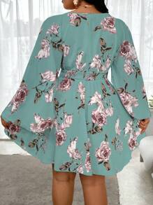 SHEIN Clasi Plus Size Women Floral Print V-Neck Long Sleeve Dress Fall Cloth For Women - Green - View 2