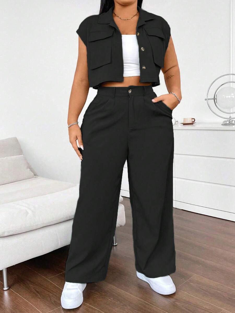 Flirla Ensemble de deux pièces avec chemise sans manches ample grande taille et pantalon décontracté avec plusieurs poches - Noir - Voir 1