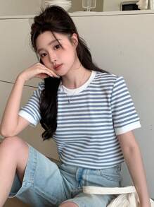 DAZY Summer Casual Striped Simple Fashion Short Sleeve T-Shirt - Blue - View 3