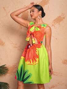 BELANGE HANDMADE Designer Bow Tie Strap Elastic Waist Print Summer Dress, Sundress Outfit, For Holiday, Party, Vacation, Spring, Beach, Festival, Ibiza Fits, Prom Dress - Multicolor - View 3